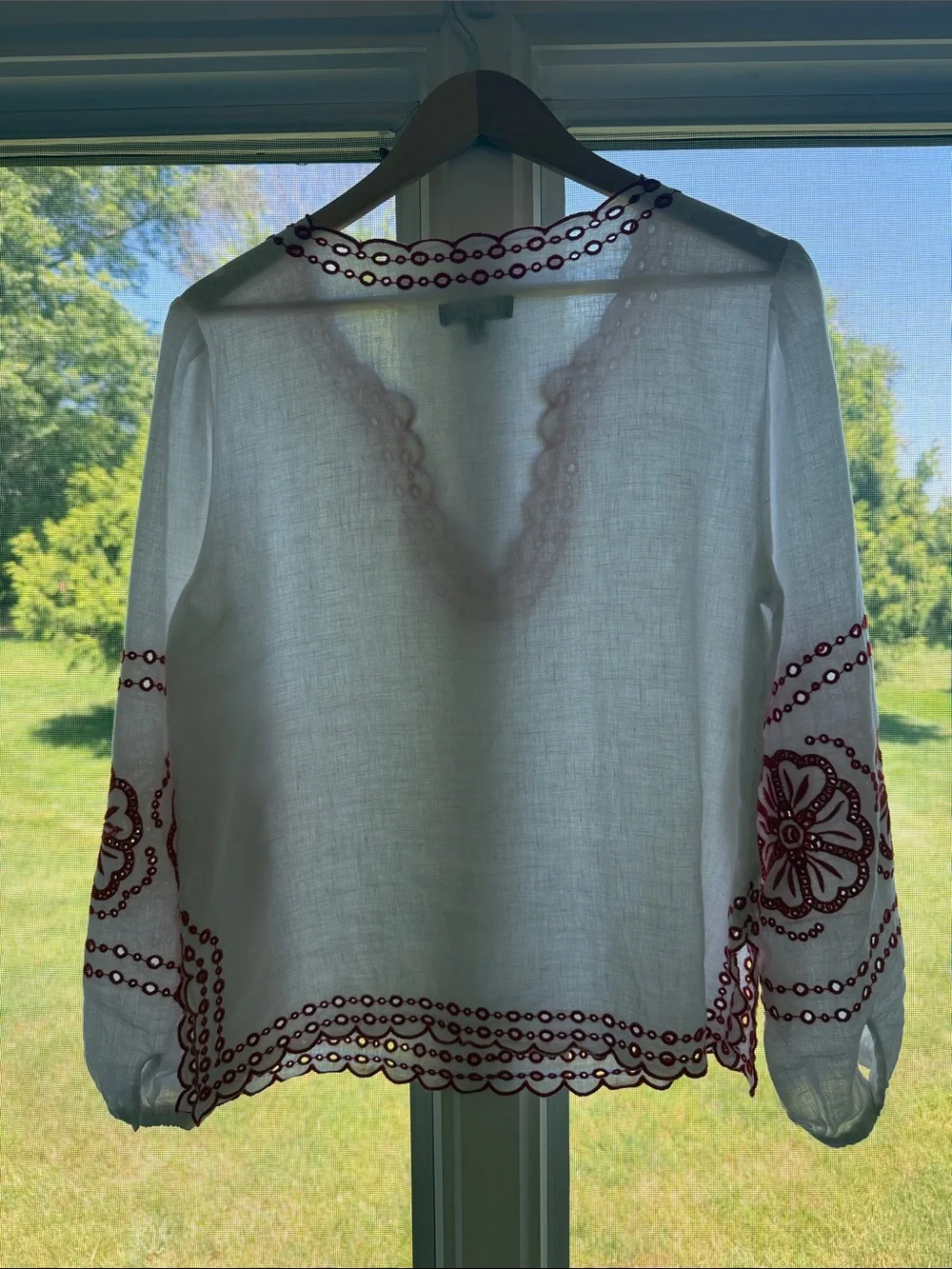 J. Crew Bungalow White Linen Peasant Blouse with Red Embroidered Trim Size S